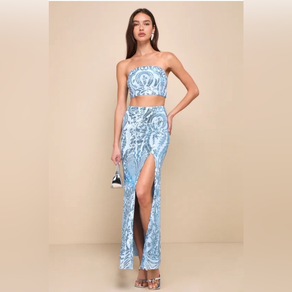 NEW! Lulus Light Blue Sequin Two-Piece Maxi Dress